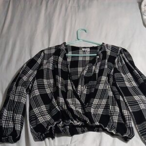 Women's Black & White Plaid Wrap Blouse